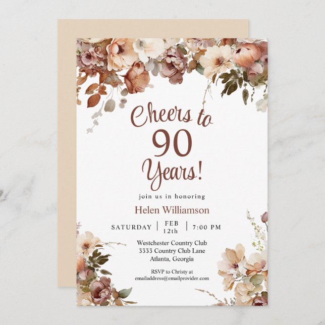 Cheers to 90 Years Pink Floral 90th Birthday Invitation (Front/Back)