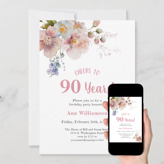 Cheers to 90 Years Pink Floral Birthday Invitation | Zazzle