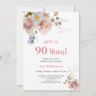 Cheers to 90 Years Pink Floral Birthday Invitation