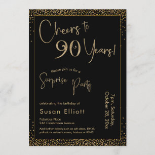 Cheers to 90 Years Surprise Birthday Gold & Black Invitation