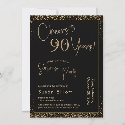 Cheers to 90 Years Surprise Birthday Gold  Black Invitation