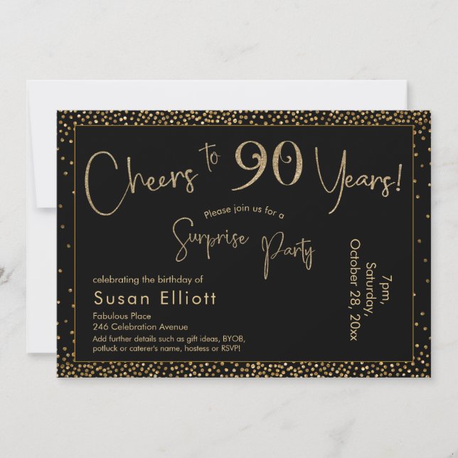 Cheers to 90 Years Surprise Birthday Gold & Black Invitation (Front)
