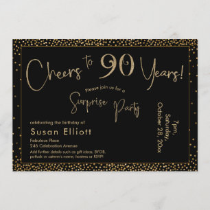 Cheers to 90 Years Surprise Birthday Gold & Black Invitation