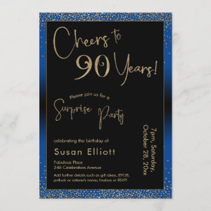 Cheers to 90 Years Surprise Birthday Party Blue Invitation