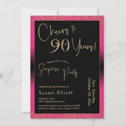 Cheers to 90 Years Surprise Birthday Party Pink Invitation