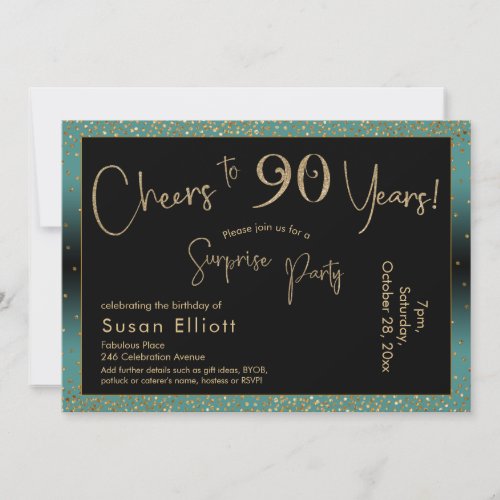 Cheers to 90 Years Surprise Birthday Teal and Gold Invitation