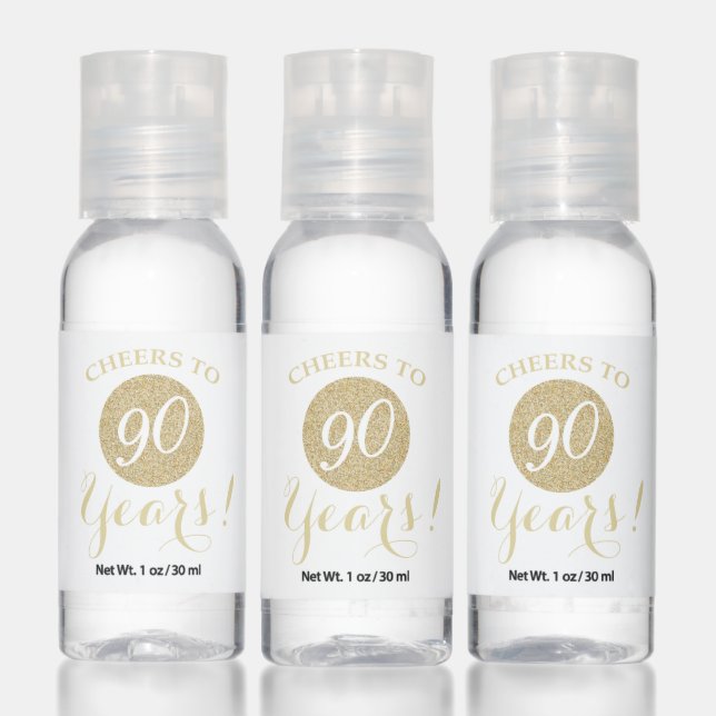 Cheers to 90 Years White and Gold Glitter Hand Sanitizer (Set)