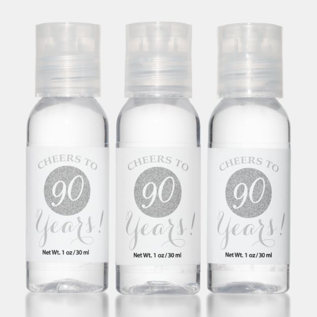 Cheers to 90 Years White and Silver Glitter Hand Sanitizer (Set)
