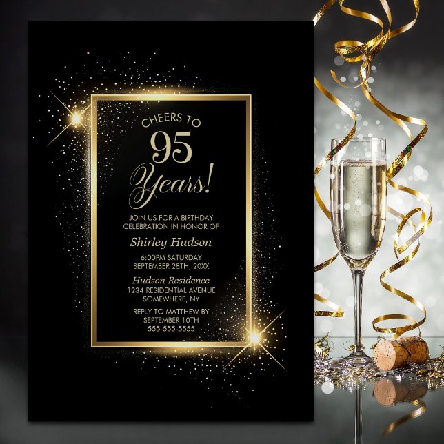 Cheers to 95 Years Black Gold Birthday Party Invitation (Creator Uploaded)