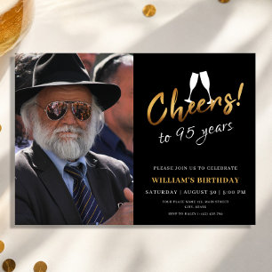 Cheers to 95 Years Gold Black Adult Birthday Photo Invitation