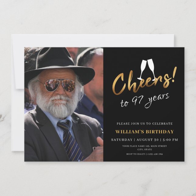 Cheers to 97 Years Gold Black Adult Birthday Photo Invitation (Front)
