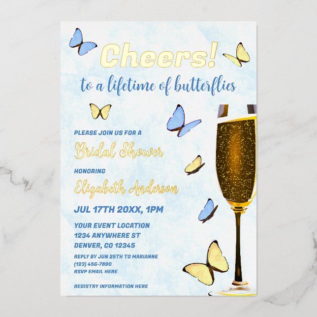 Cheers To A Lifetime Of Butterflies Bridal Shower Foil Invitation (Front)
