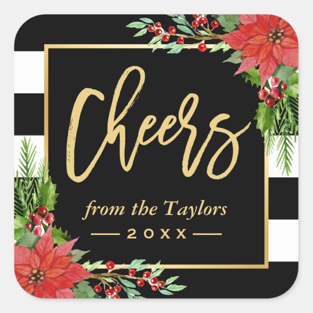 Cheers To A New Year Gold Script Poinsettia Floral Square Sticker