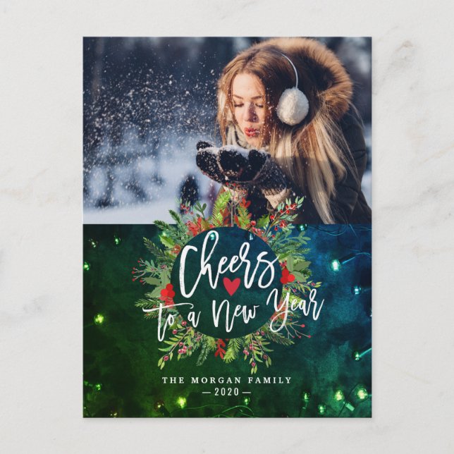 Cheers to a New Year Holly Wreath Greeting Photo Holiday Postcard (Front)