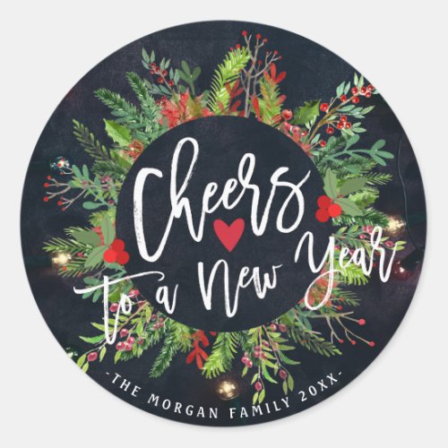 Cheers to a New Year Script Holly Wreath Greeting Classic Round Sticker