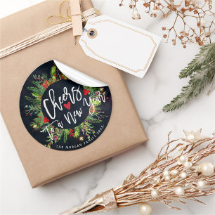 Cheers to a New Year Script Holly Wreath Greeting Classic Round Sticker