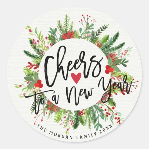 Cheers to a New Year Script Holly Wreath Greeting Classic Round Sticker