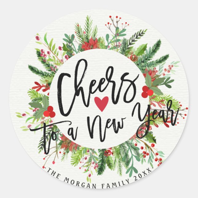 Cheers to a New Year Script Holly Wreath Greeting Classic Round Sticker (Front)