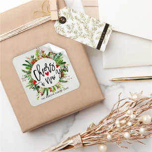 Cheers to a New Year Script Holly Wreath Greeting Square Sticker