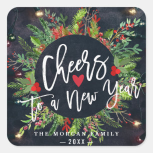 Cheers to a New Year Script Holly Wreath Greeting Square Sticker