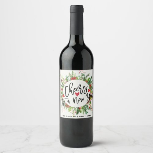 Cheers to a New Year Script Holly Wreath Greeting Wine Label