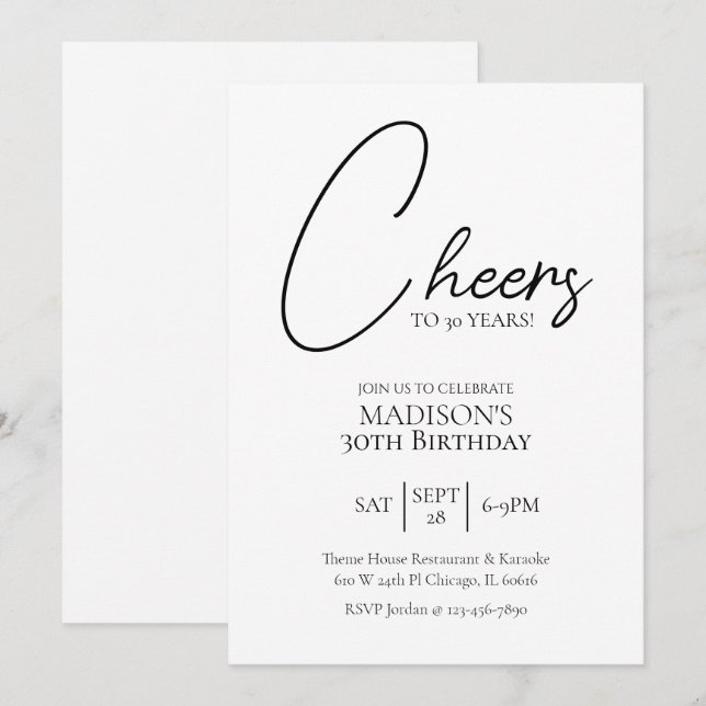 Cheers To Any Age 30th Black & White Birthday Invitation (Front/Back)