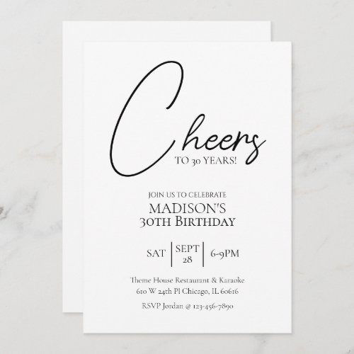 Cheers To Any Age 30th Black  White Birthday Invitation