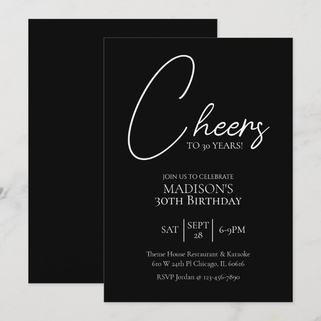 Cheers To Any Age 30th Black & White Birthday Invitation (Front/Back)