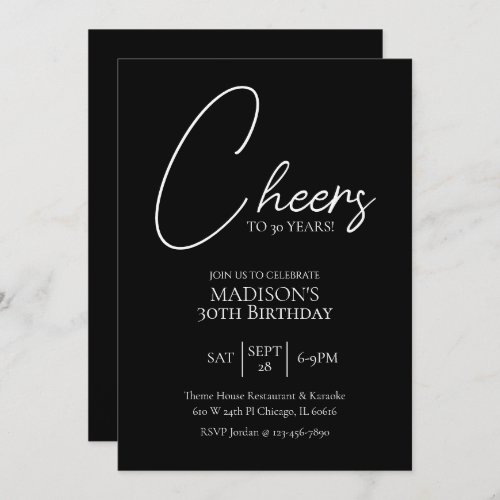 Cheers To Any Age 30th Black  White Birthday Invitation