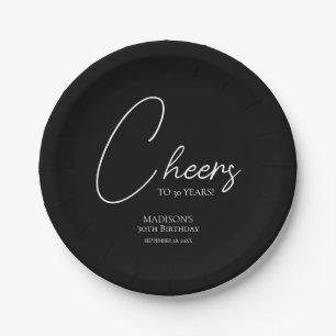 Cheers To Any Age 30th Black & White Birthday Paper Plates
