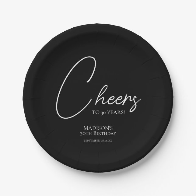 Cheers To Any Age 30th Black & White Birthday Paper Plates (Front)