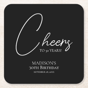 Cheers To Any Age 30th Black & White Birthday Square Paper Coaster
