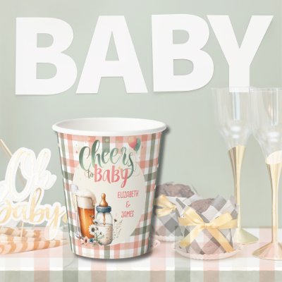 Cheers to Baby Sage Peach Gingham Beers Bottles Paper Cups