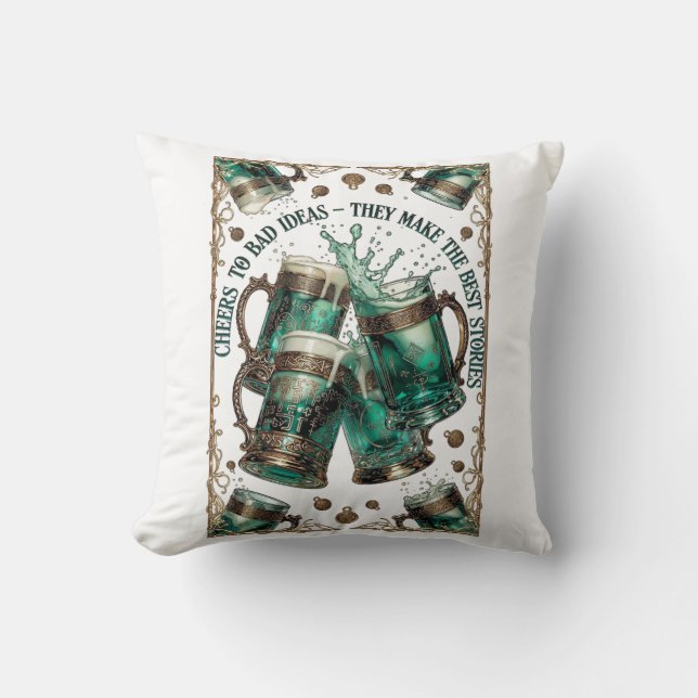 Cheers to Bad Ideas Tankards Graphic Tee Throw Pillow (Front)