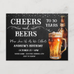 Cheers to Beers 30th Birthday Postcard<br><div class="desc">Rustic Black Chalkboard watercolor beer bottle and pint glass. Rustic Outdoor or bar birthday invitations for him. Any age. Easy to personalized template. All text can be adjusted using the design option. Fun,  simple,  casual birthday invites for him.</div>