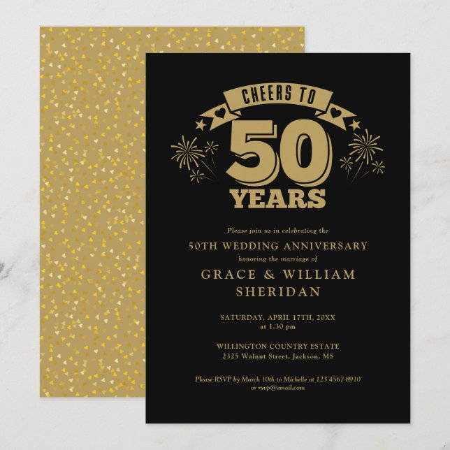 Cheers To Black And Gold 50th Wedding Anniversary Invitation (Front/Back)