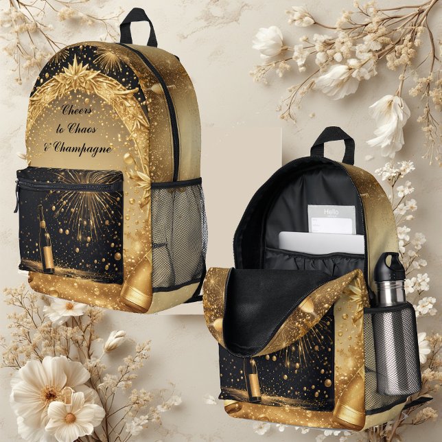 Cheers to Chaos & Champagne Midnight Gold New Year Printed Backpack (Cheers to Chaos & Champagne Midnight Gold New Year Printed Backpack)