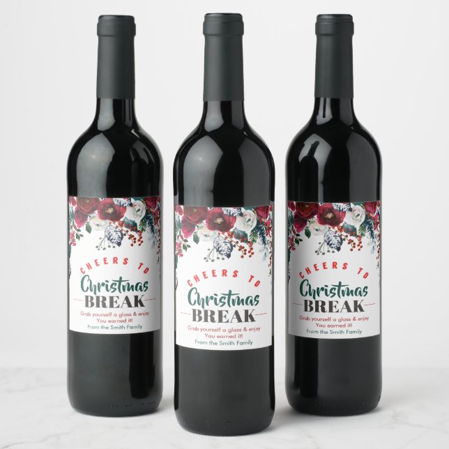 Cheers To Christmas Break With Watercolor Flowers Wine Label (Bottles)