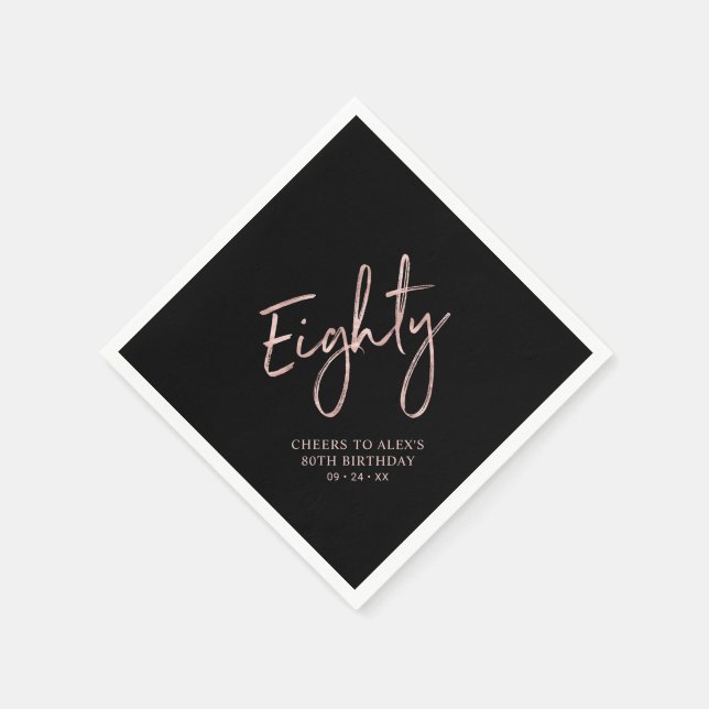 Cheers to Eighty Rose Gold & Black 80th Birthday Napkins (Corner)