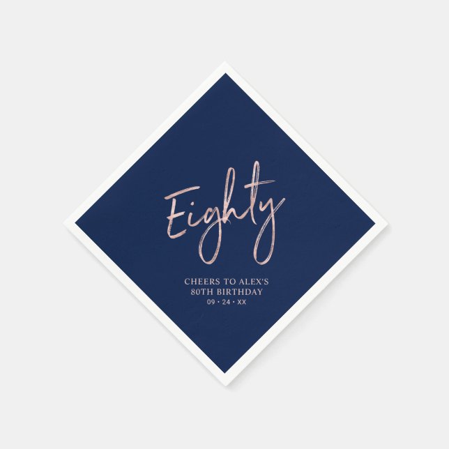 Cheers to Eighty Rose Gold & Navy 80th Birthday Napkins (Corner)