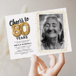 Cheers to Eighty Years 80th Birthday Photo Invitation<br><div class="desc">Celebrate the grand milestone of turning eighty with our elegant birthday party invitations. With a customizable trendy white background, a personal photo spot, and golden accents, these invitations are sure to leave a lasting impression. The gold helium balloon details add a touch of magic, while the modern 80th birthday text...</div>