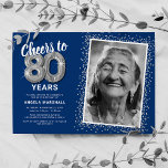 Cheers to Eighty Years 80th Birthday Photo Invitation<br><div class="desc">Elegant eightieth birthday party invitation featuring a stylish blue background that can be changed to any color,  a photo of the birthday girl / boy,  silver sparkly glitter,  eighty silver hellium balloons,  and a modern 80th birthday celebration text template that is easy to personalize.</div>