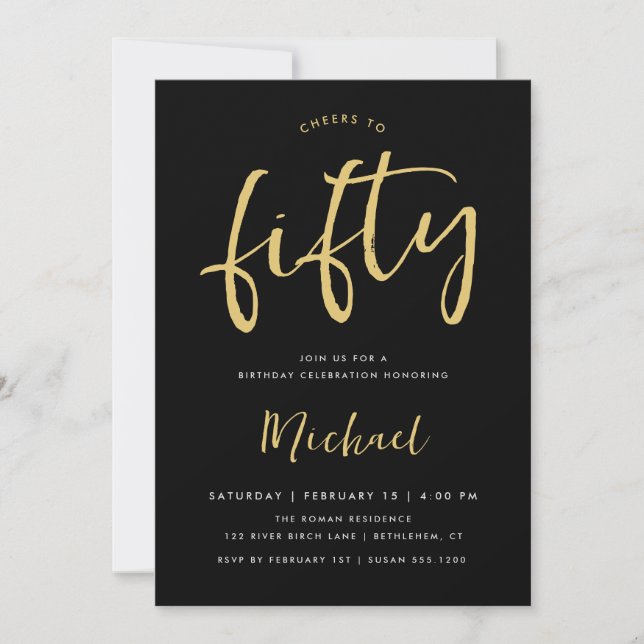Cheers to Fifty Birthday Black Gold Milestone Invitation (Front)