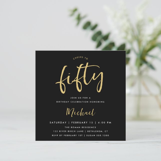 Cheers to Fifty Black Gold Square Invitation (Standing Front)