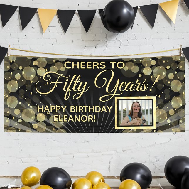 Cheers to Fifty Years 50th Birthday Party Photo Banner (50th birthday party banner gold and black photo banner)