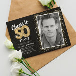 Cheers to Fifty Years 50th Birthday Photo Invitation<br><div class="desc">Elegant fiftieth birthday party invitation featuring a stylish black background that can be changed to any color,  a photo of the birthday girl / boy,  gold sparkly glitter,  fifty gold hellium balloons,  and a modern 50th birthday celebration text template that is easy to personalize.</div>