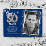 Cheers to Fifty Years 50th Birthday Photo Invitation<br><div class="desc">Elegant fiftieth birthday party invitation featuring a stylish blue background that can be changed to any color,  a photo of the birthday girl / boy,  silver sparkly glitter,  fifty silver hellium balloons,  and a modern 50th birthday celebration text template that is easy to personalize.</div>