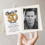Cheers to Fifty Years 50th Birthday Photo Invitation<br><div class="desc">Celebrate the grand milestone of turning fifty with our elegant birthday party invitations. With a customizable trendy white background, a personal photo spot, and golden accents, these invitations are sure to leave a lasting impression. The gold helium balloon details add a touch of magic, while the modern 50th birthday text...</div>