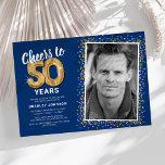 Cheers to Fifty Years 50th Birthday Photo Invitation<br><div class="desc">Celebrate the grand milestone of turning fifty with our elegant birthday party invitations. With a customizable trendy blue background, a personal photo spot, and golden accents, these invitations are sure to leave a lasting impression. The gold helium balloon details add a touch of magic, while the modern 50th birthday text...</div>