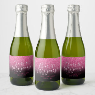 Cheers to Fifty Years Hot Pink & Black Sparkle Sparkling Wine Label
